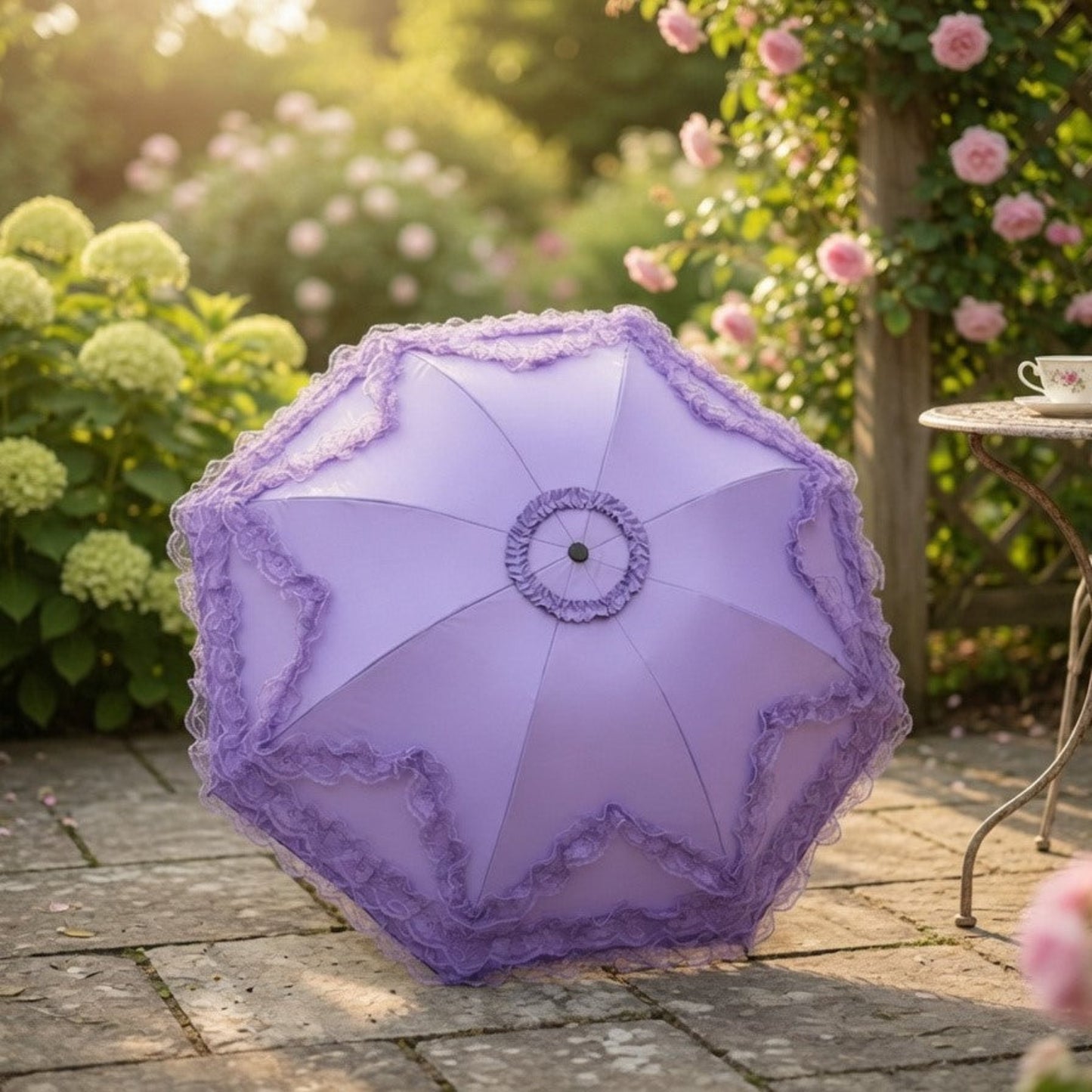 Purple lace ruffle parasol open, top view