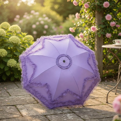 Purple lace ruffle parasol open, top view