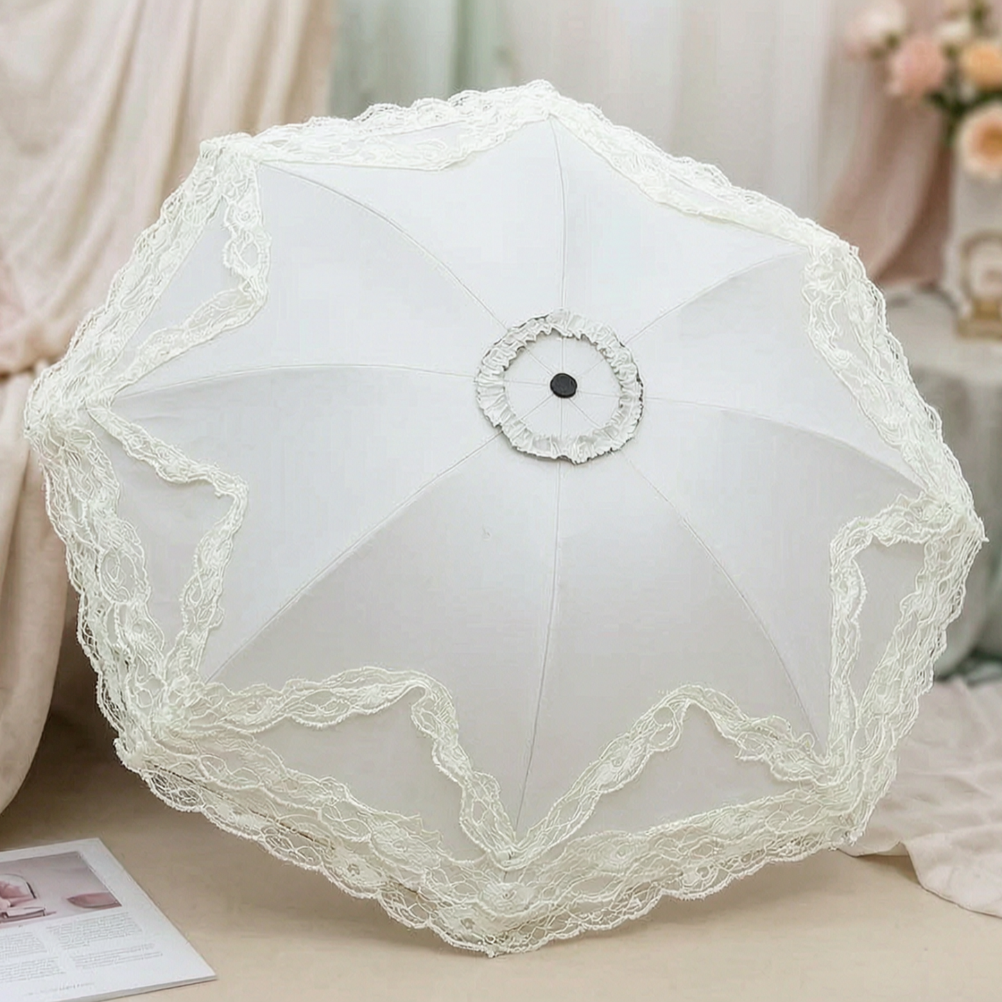 White lace ruffle parasol interior lining, top view