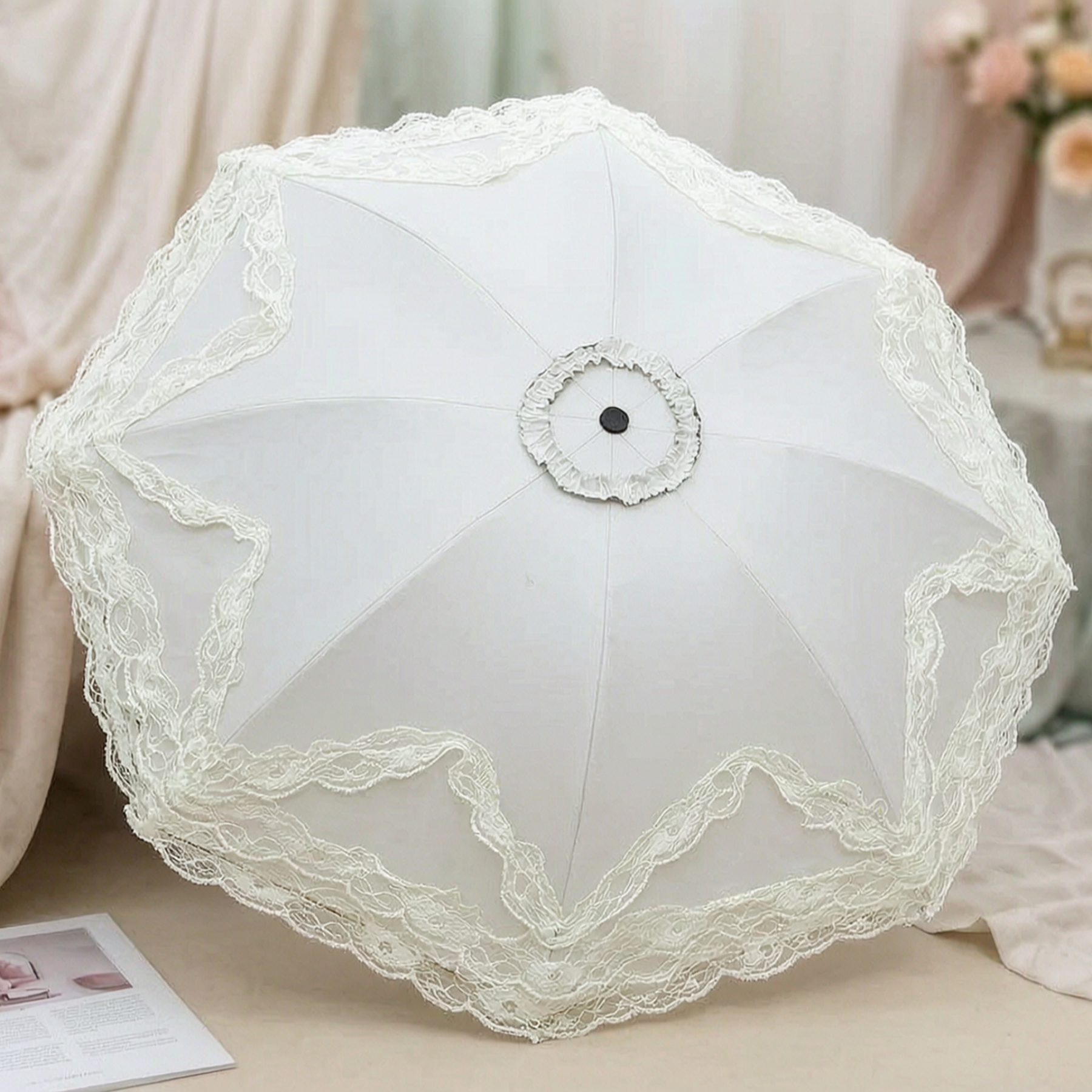 White lace ruffle parasol interior lining, top view