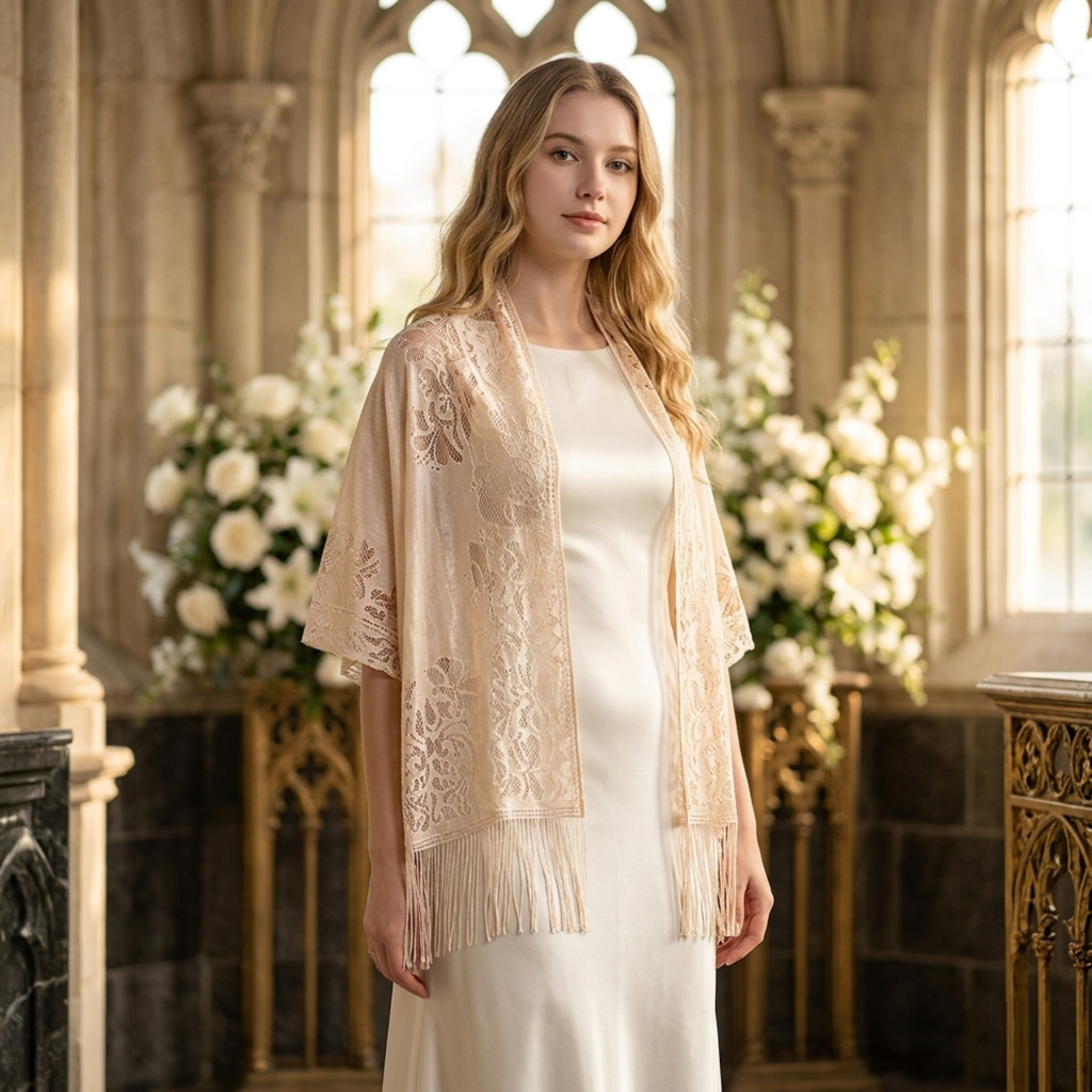 Beige floral lace shawl with fringe