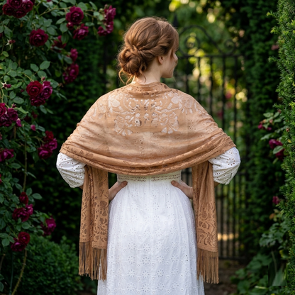 Camel floral lace shawl with fringe