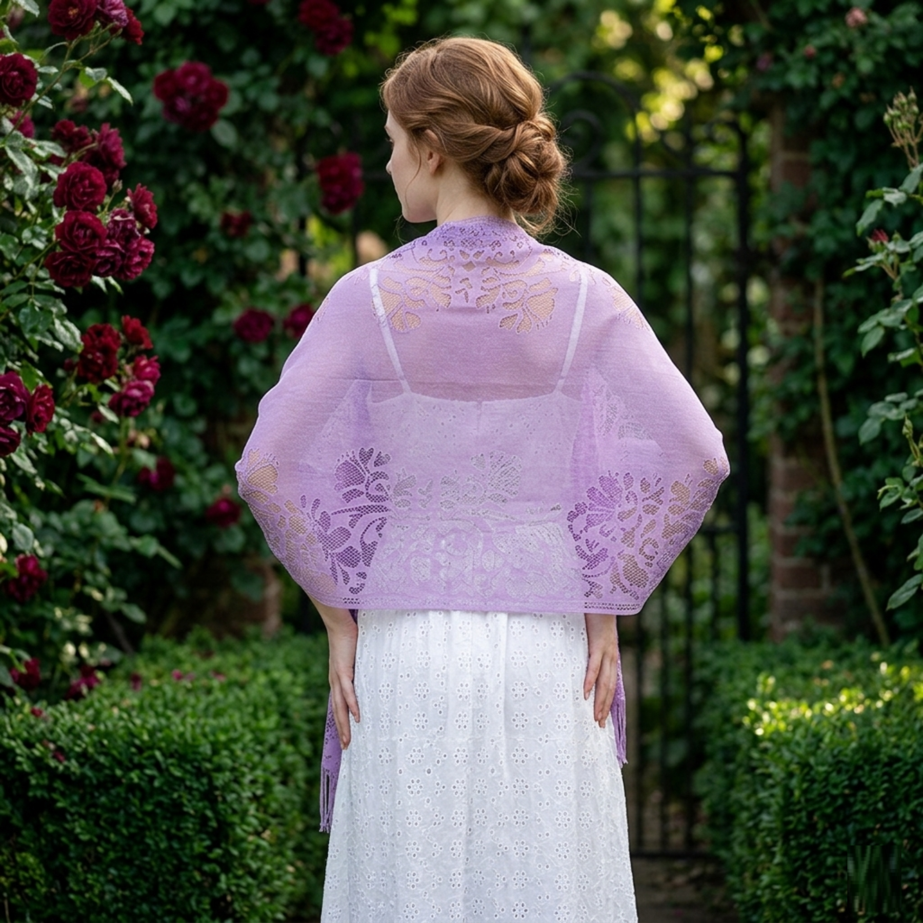 Light purple floral lace shawl with fringe