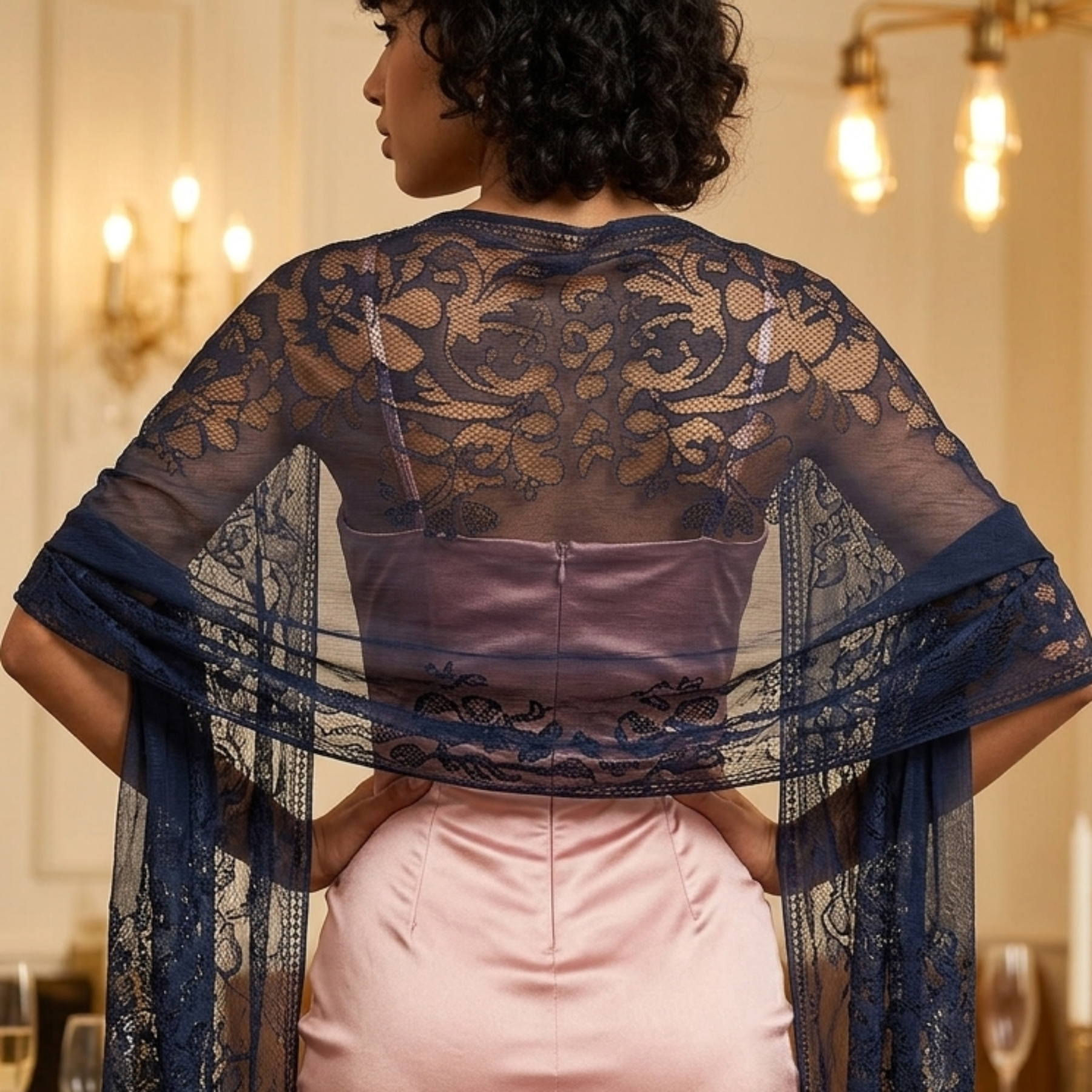 Navy blue floral lace shawl with fringe