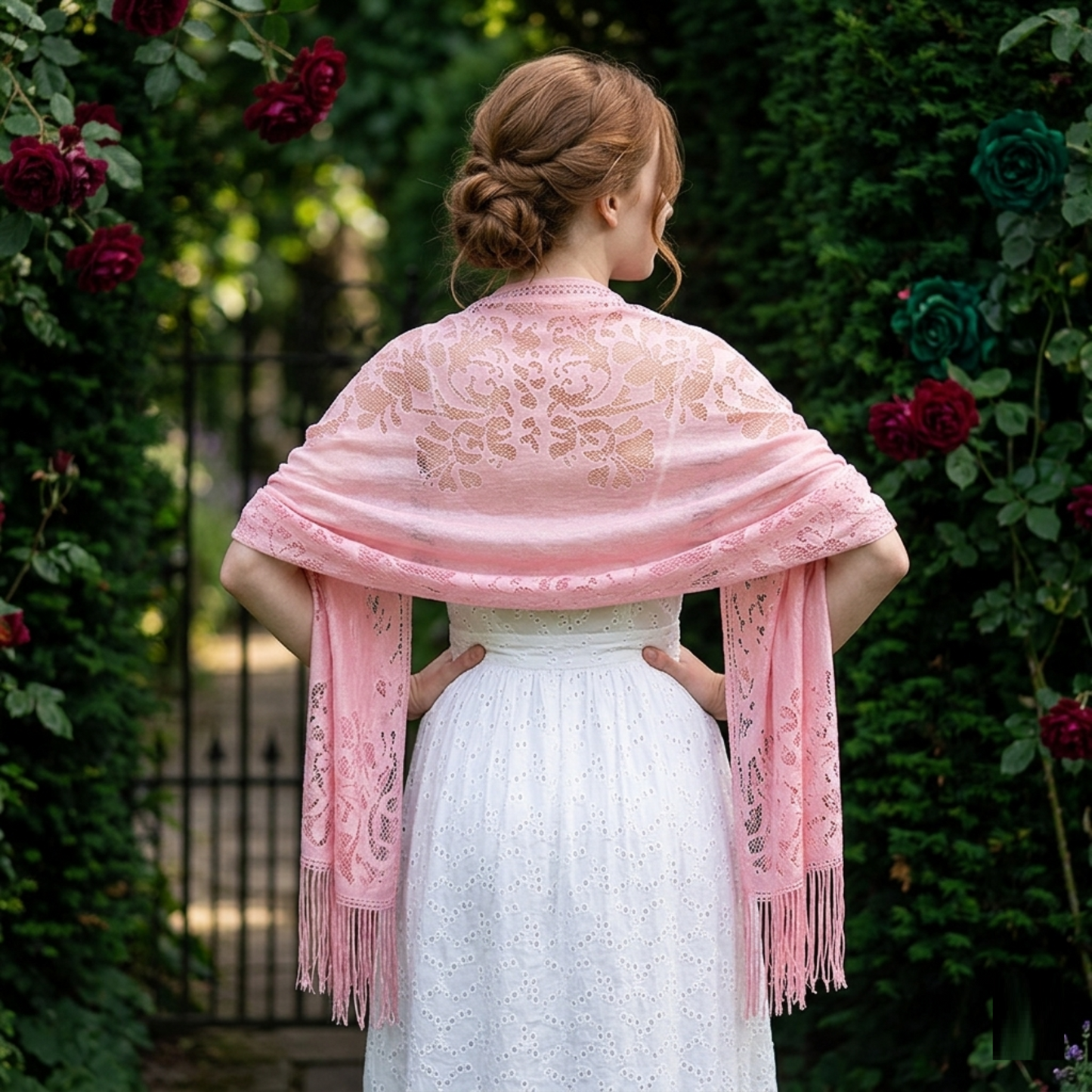 Pink floral lace shawl with fringe
