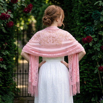 Pink floral lace shawl with fringe