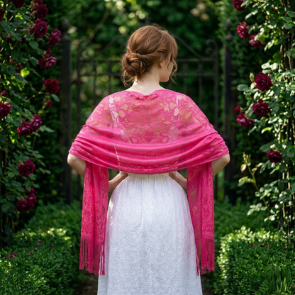Rose red floral lace shawl with fringe
