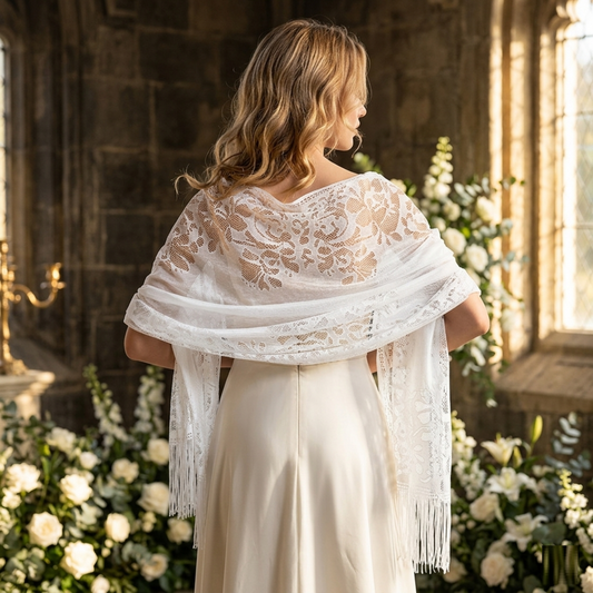 White floral lace shawl with fringe