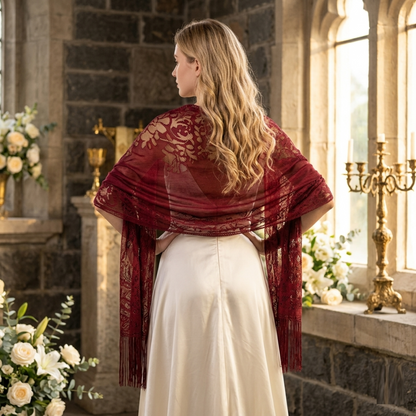 Wine red floral lace shawl with fringe