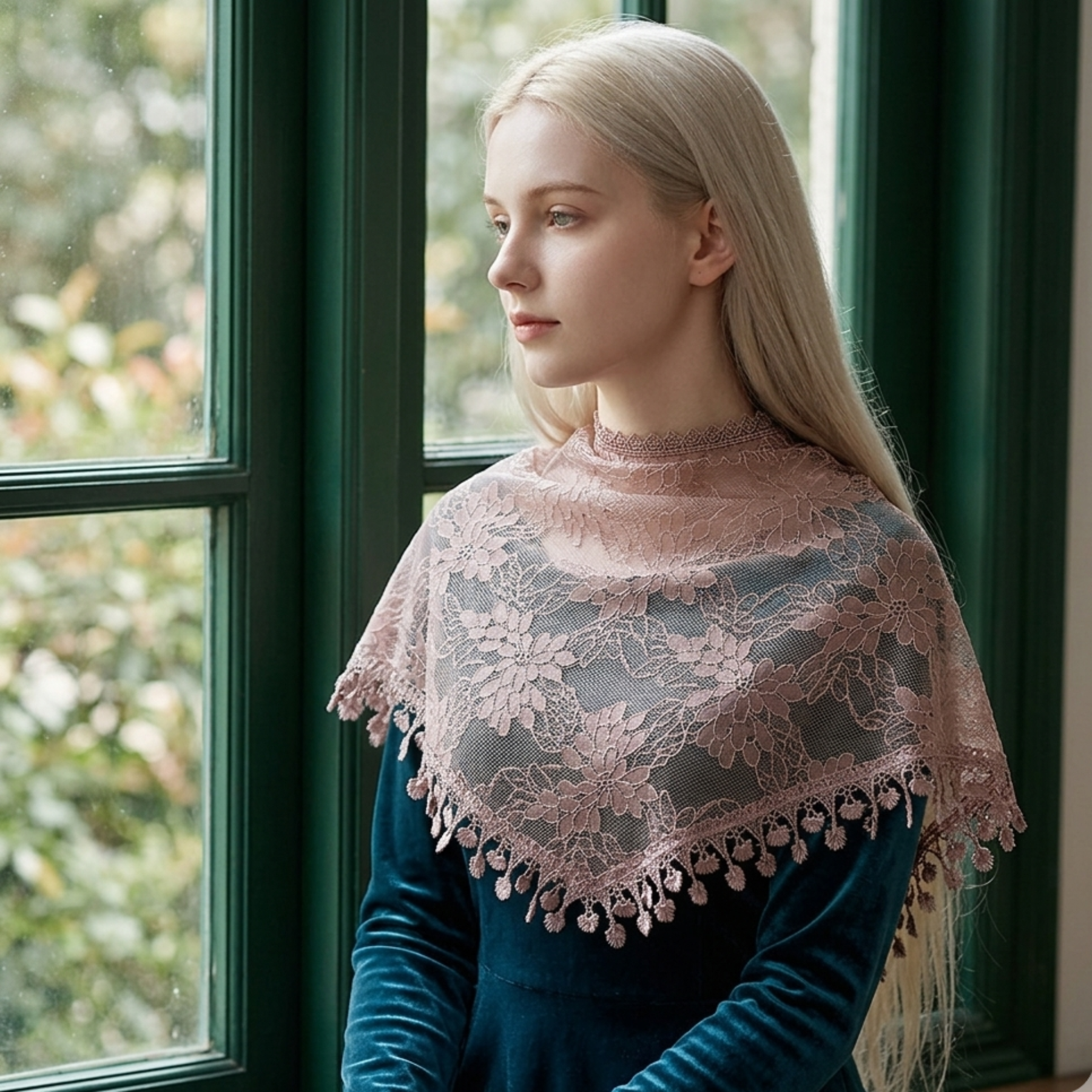 Woman wearing black lace triangle scarf by window