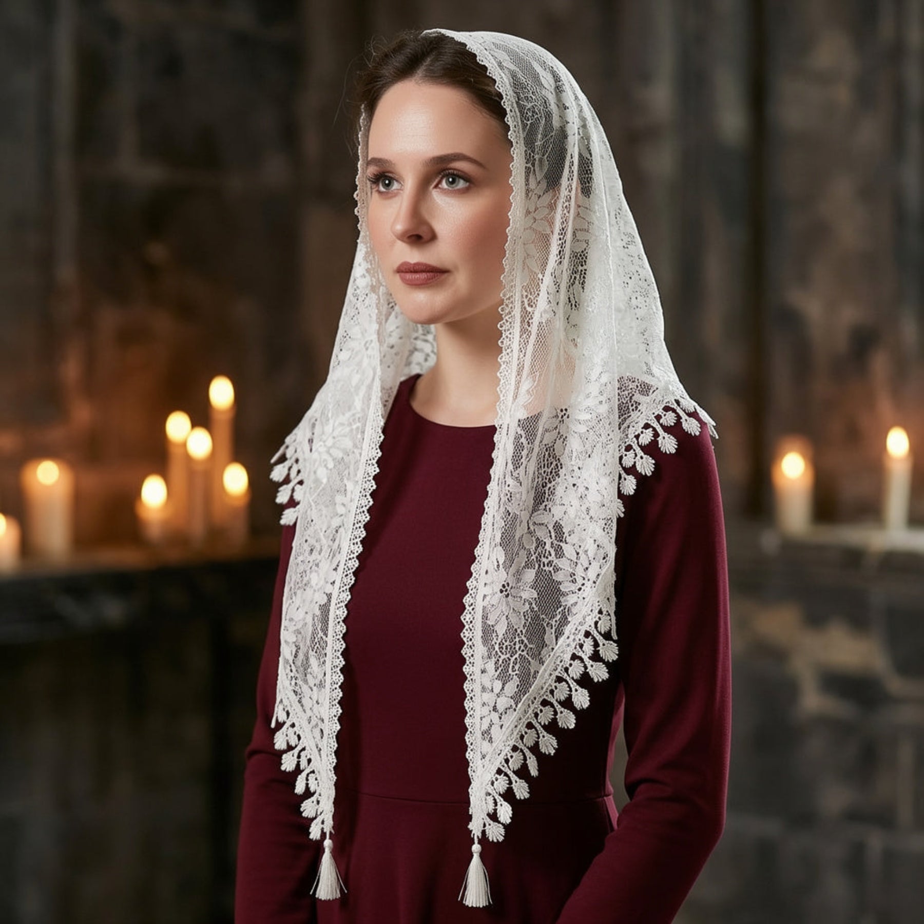 Woman wearing dusty rose lace triangle scarf with burgundy top by candles