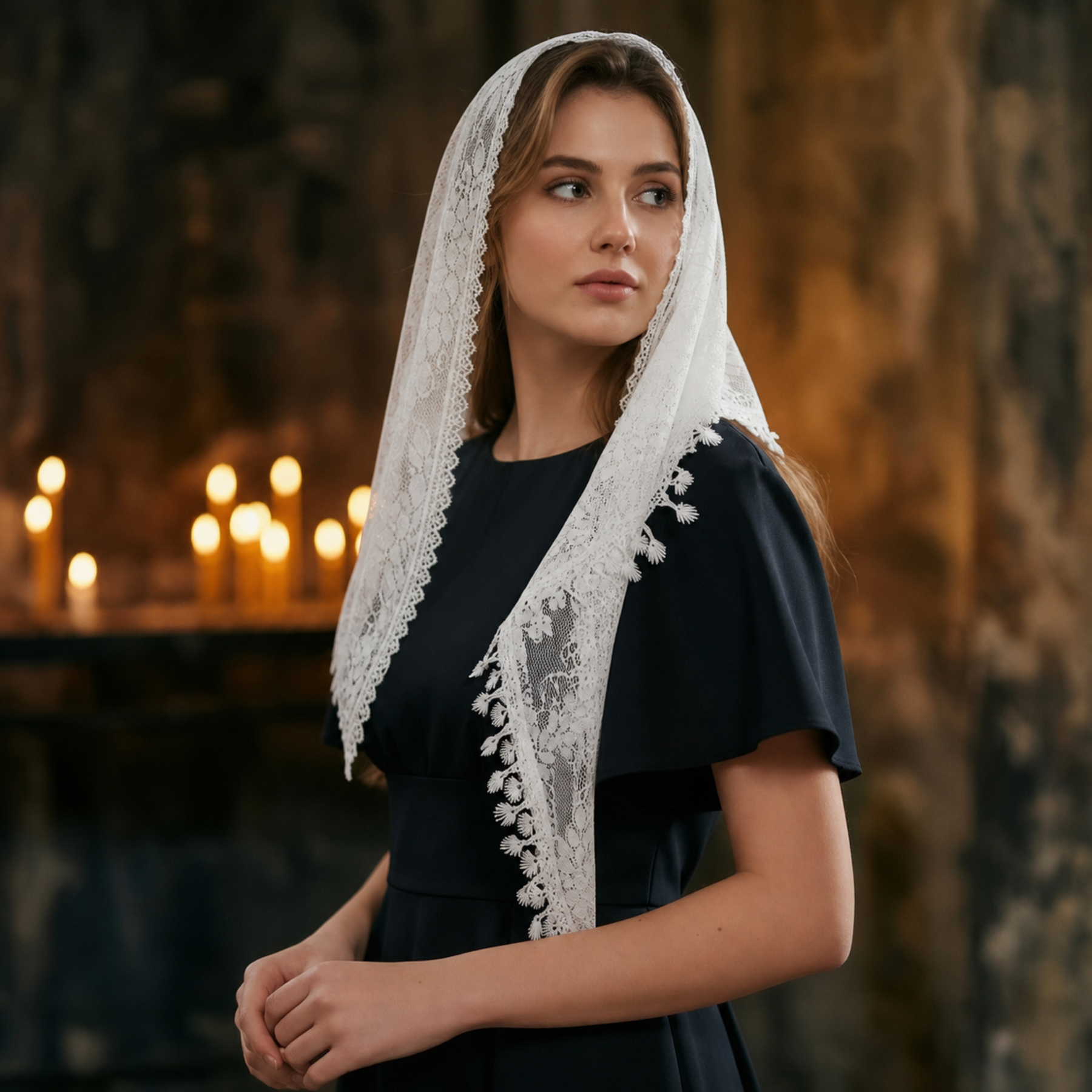 Woman wearing ivory lace triangle scarf as veil, candlelit portrait