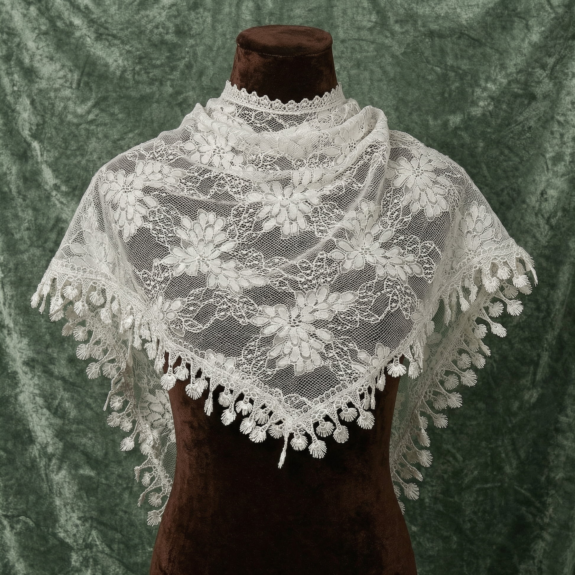 White lace triangle scarf on mannequin with dark green background