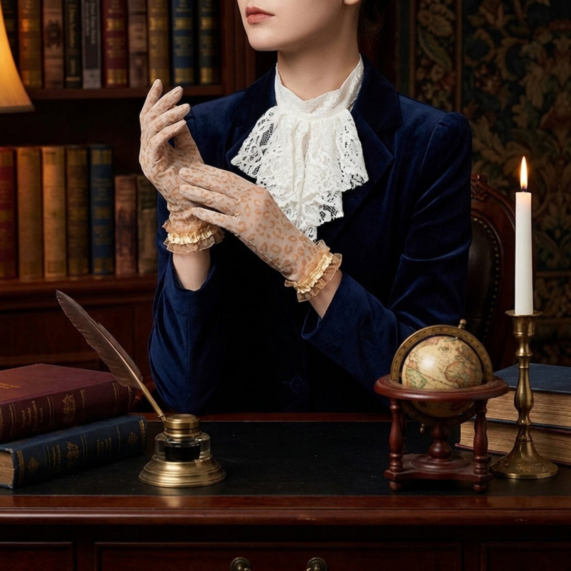 Woman at desk with candle wearing black leopard print lace gloves