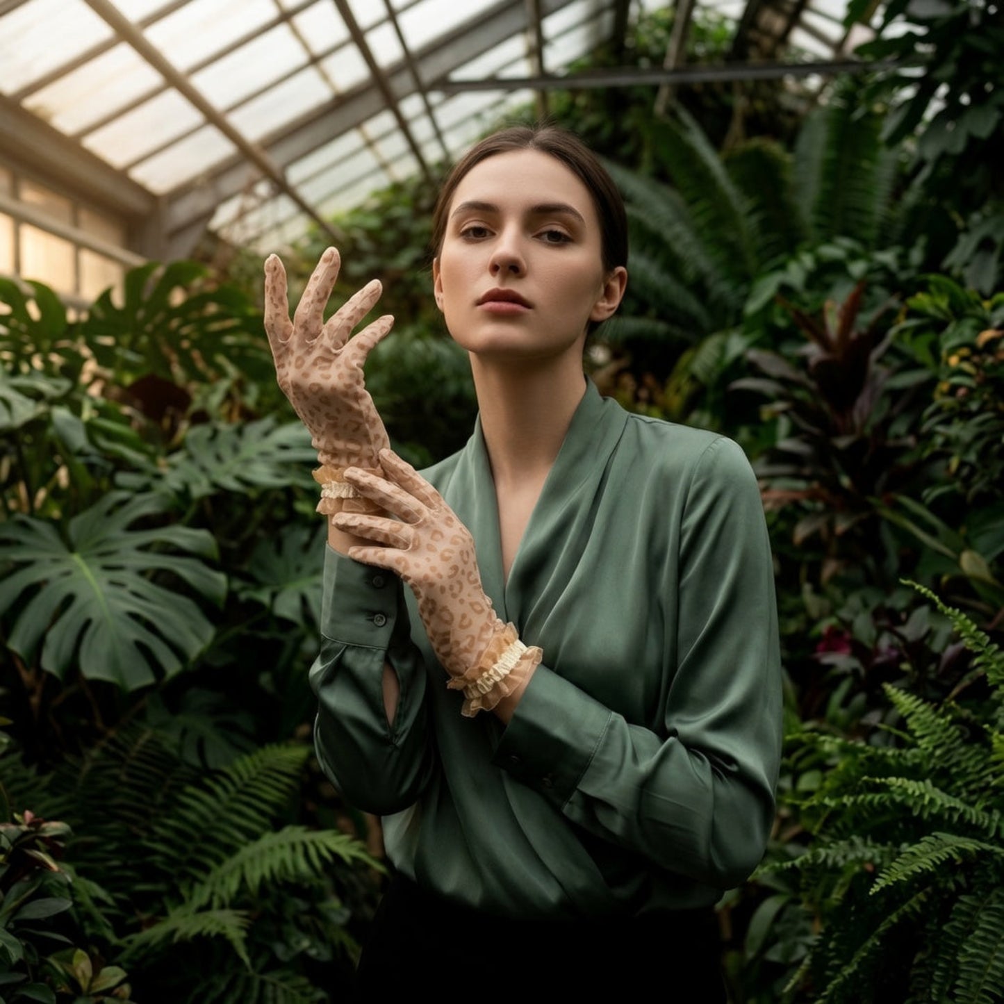 Woman in greenhouse wearing black leopard print lace gloves