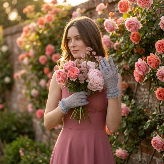 Woman holding roses wearing gray leopard print lace gloves in a garden