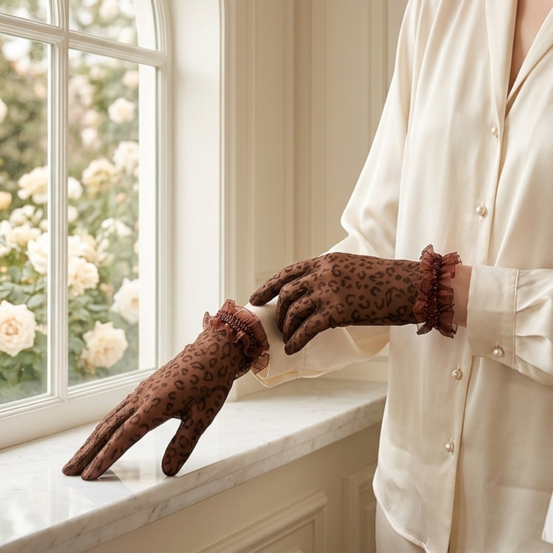Woman by window in satin robe wearing black leopard print lace gloves