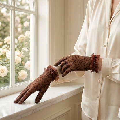 Woman by window in satin robe wearing black leopard print lace gloves