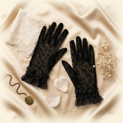 Coffee brown leopard print lace gloves flat lay with pearls