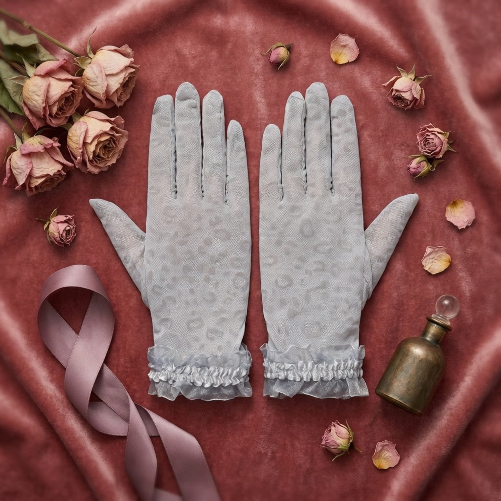 Gray leopard print lace gloves flat lay on burgundy velvet with roses