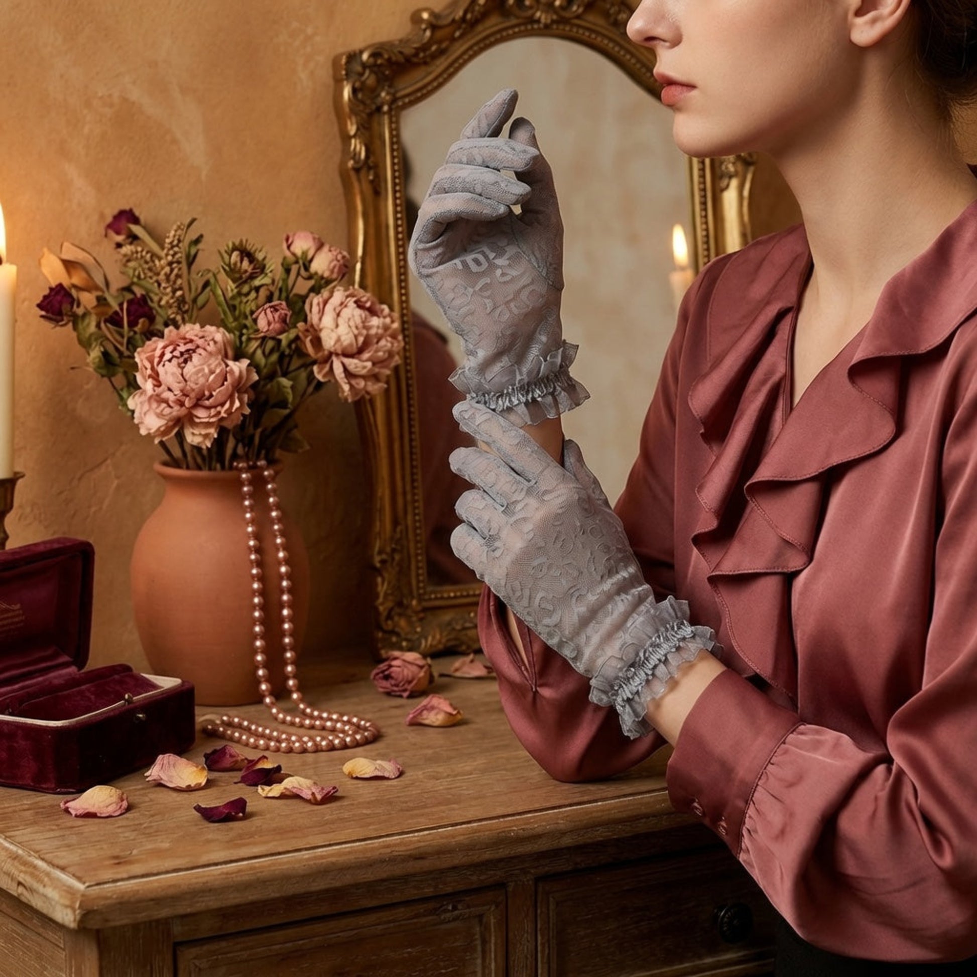 Woman at mirror in pink robe wearing gray leopard print lace gloves