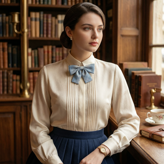 Woman wearing light blue plaid bow tie in library setting