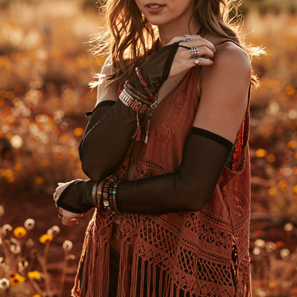 Black mesh arm sleeve with rust fringe dress, boho outfit