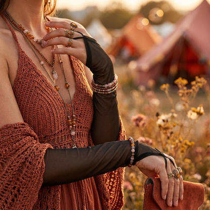 Woman in rust dress wearing black mesh arm sleeve with jewelry detail