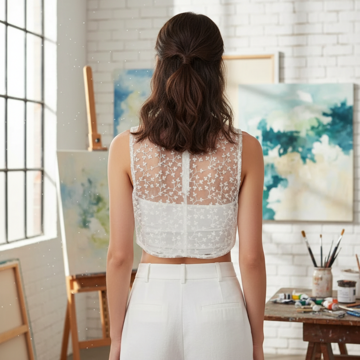 Back view of woman wearing beige lace Peter Pan collar with crop top