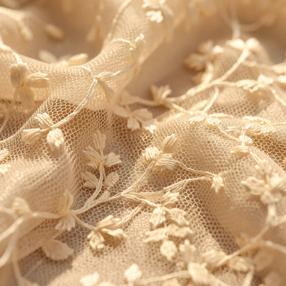 Close-up of beige floral lace Peter Pan collar detail