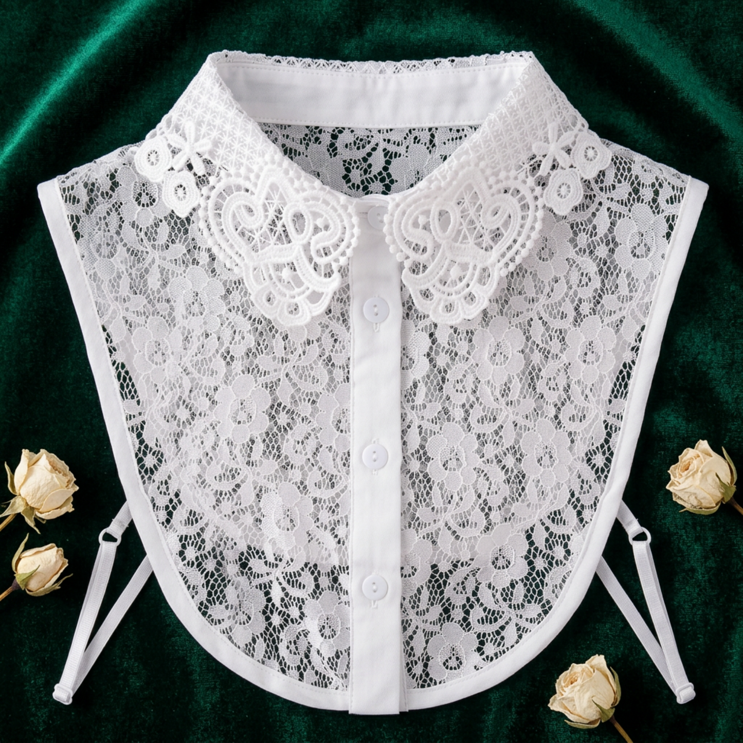 Black and white lace Peter Pan collars flat lay side by side