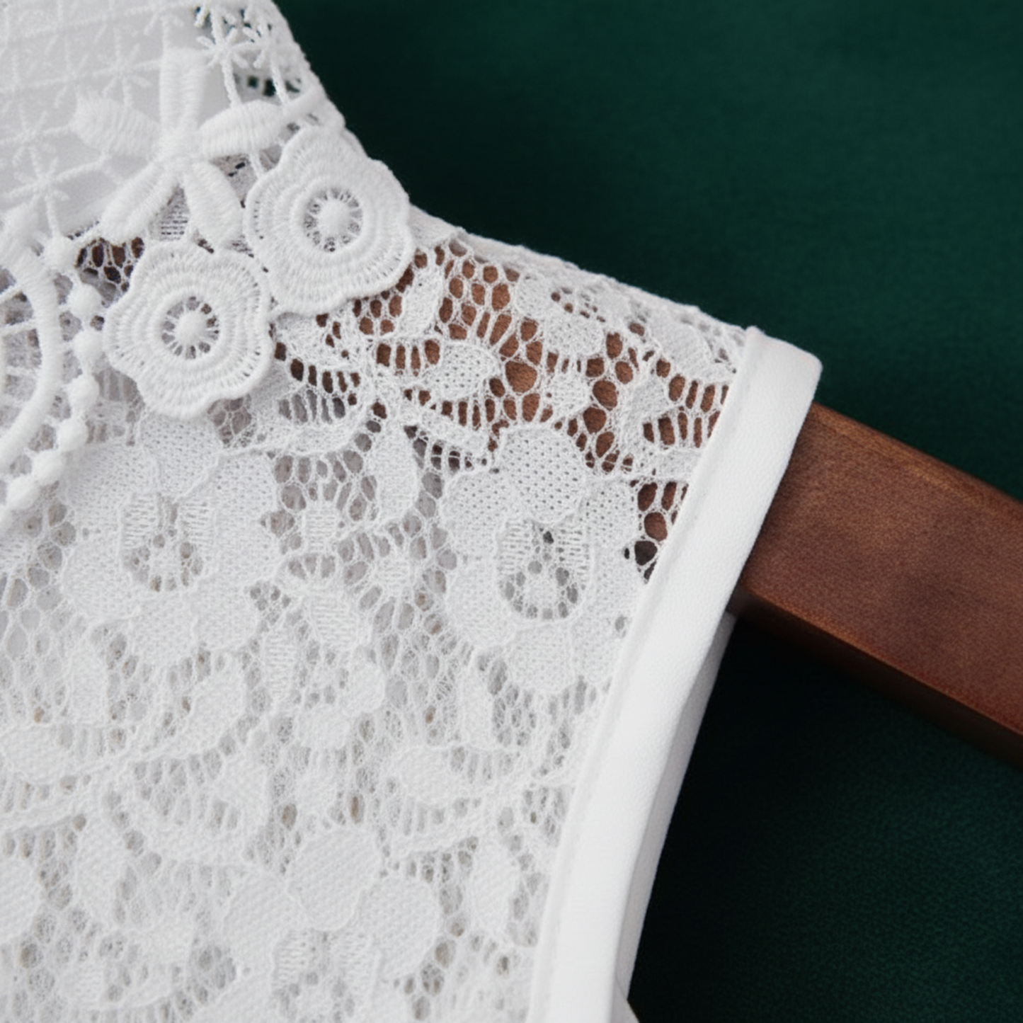 White lace Peter Pan collar flat lay on green fabric