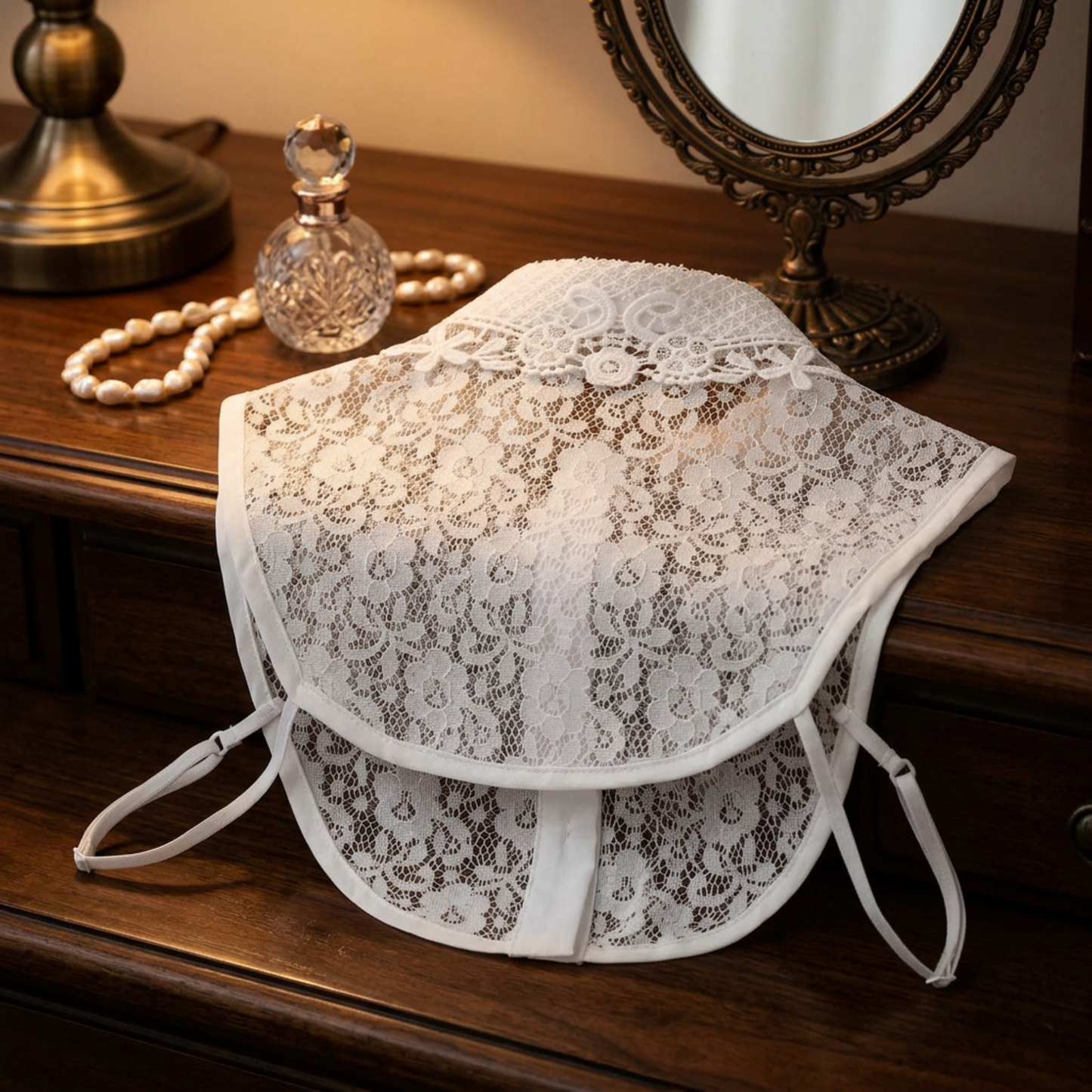 White lace Peter Pan collar on vanity table with perfume bottles