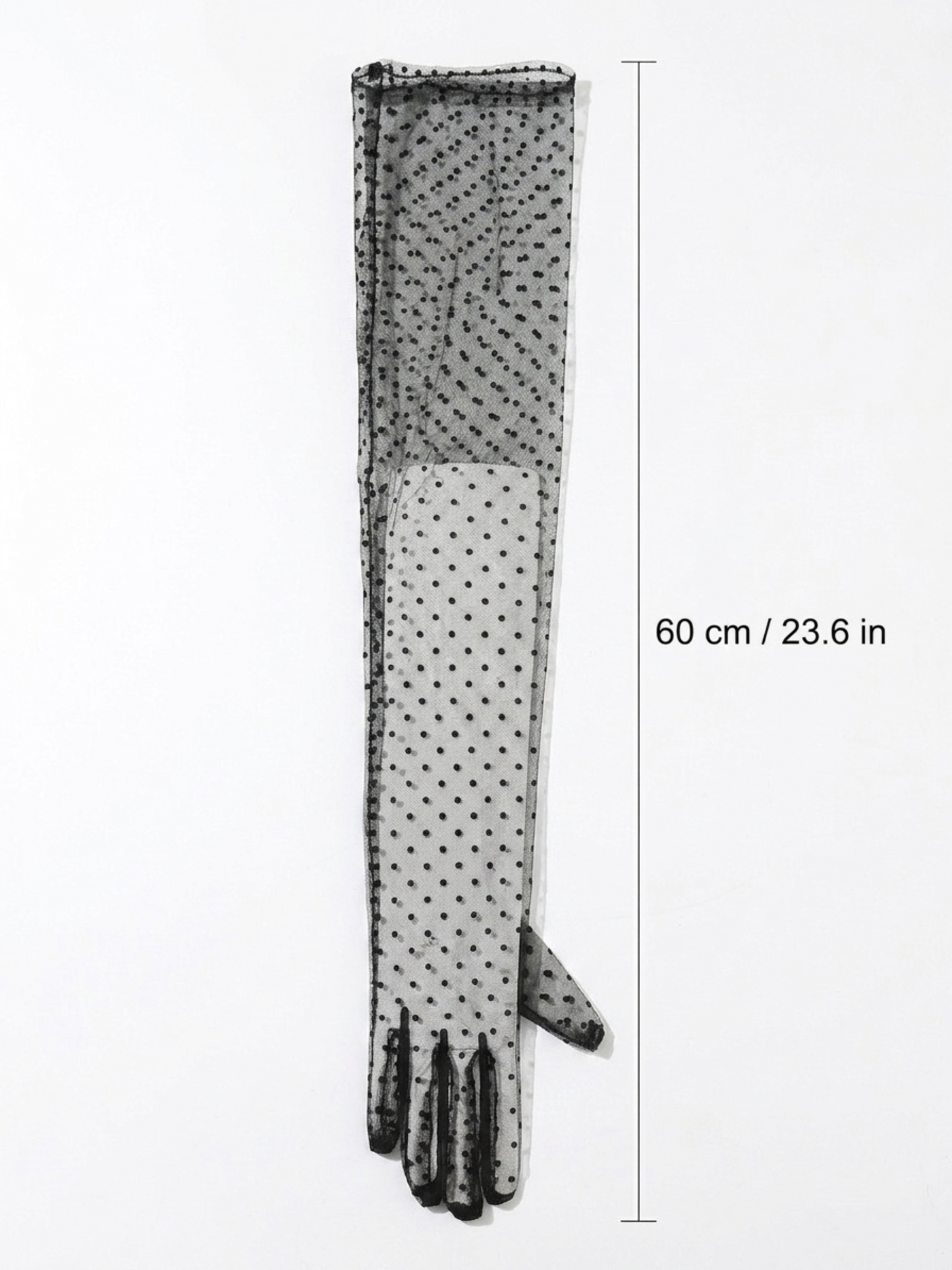 Polka dot lace glove flat lay showing 60 cm / 23.6 in length measurement