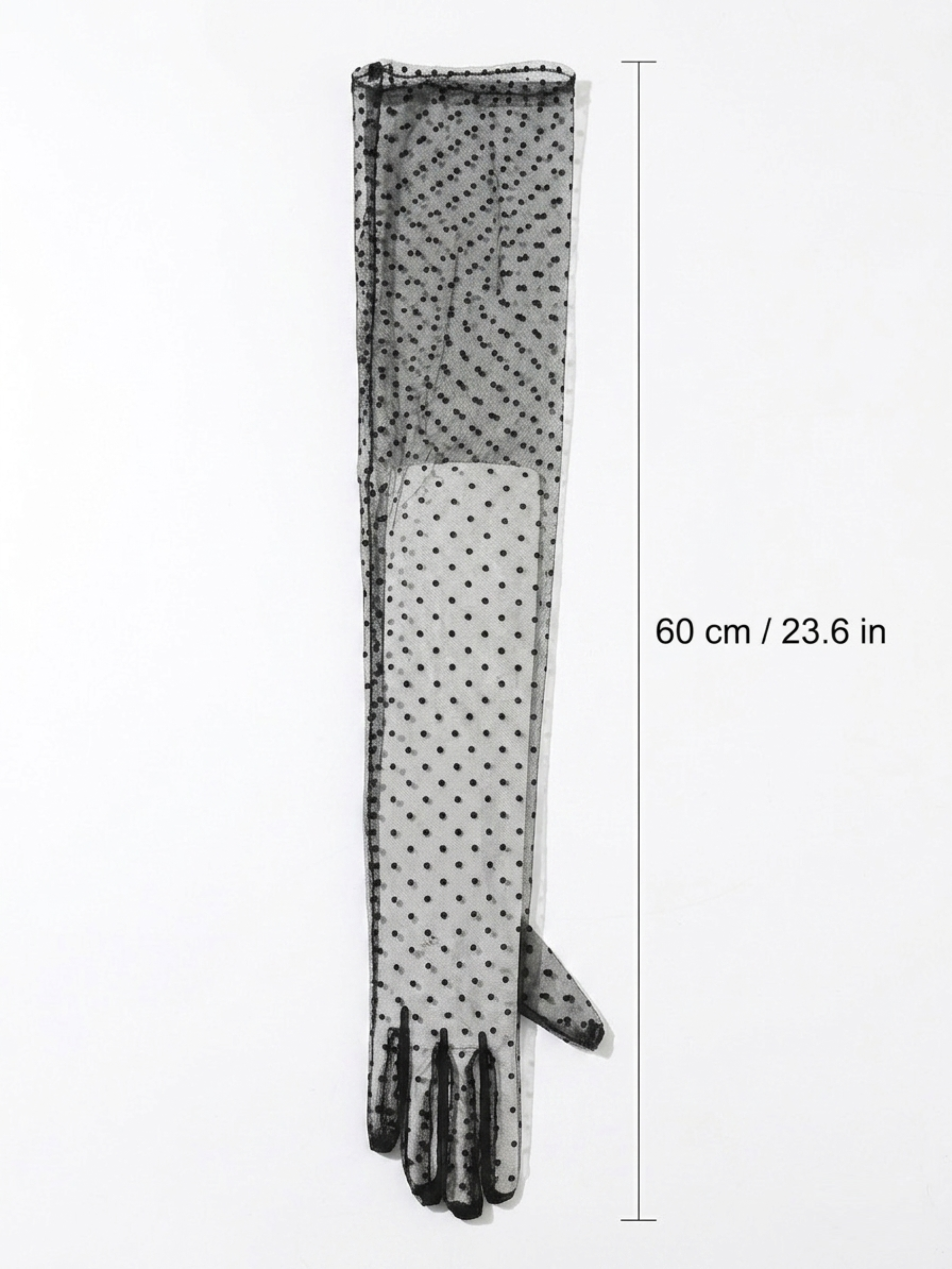 Polka dot lace glove flat lay showing 60 cm / 23.6 in length measurement