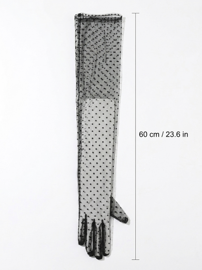 Polka dot lace glove flat lay showing 60 cm / 23.6 in length measurement