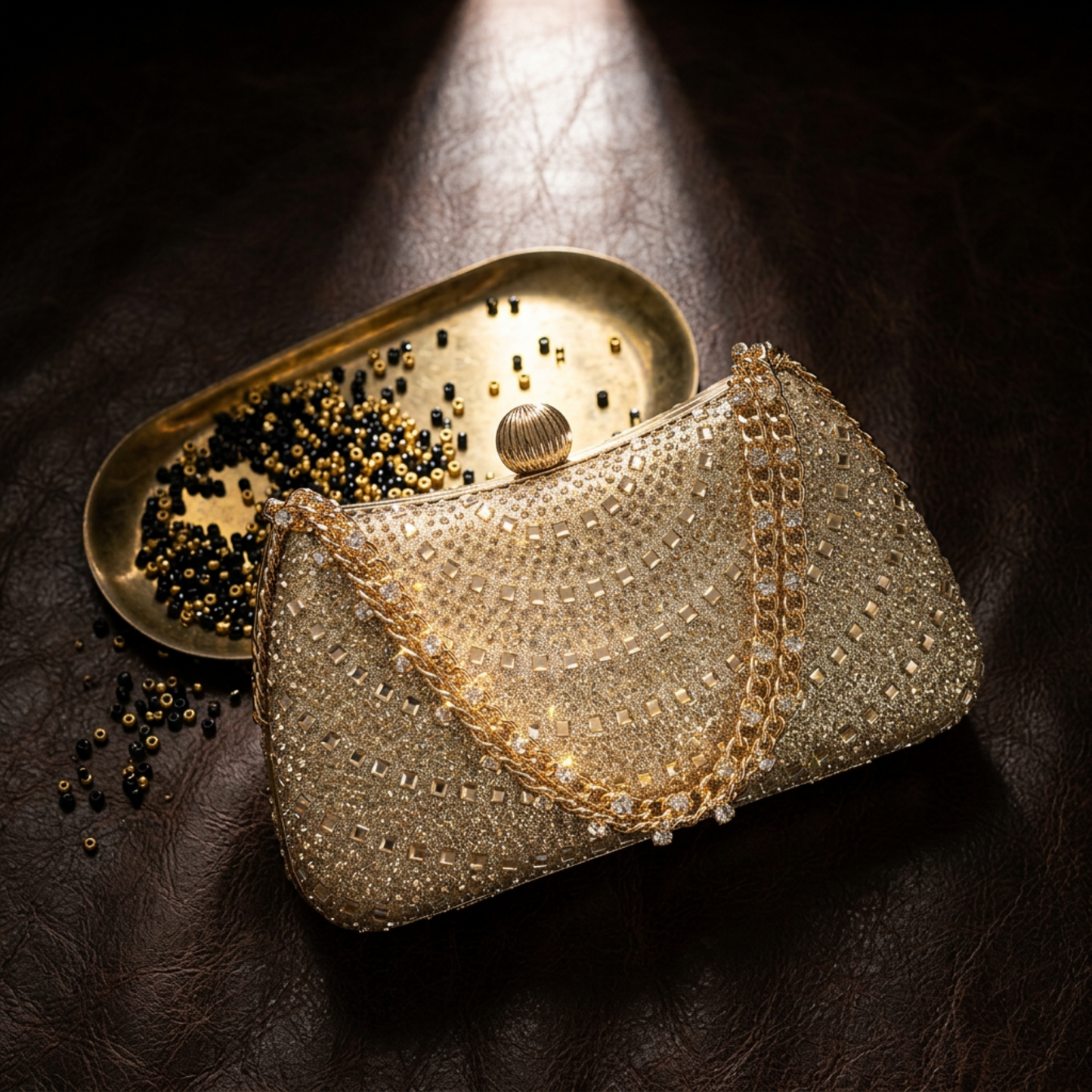 Gold rhinestone crystal clutch on black background