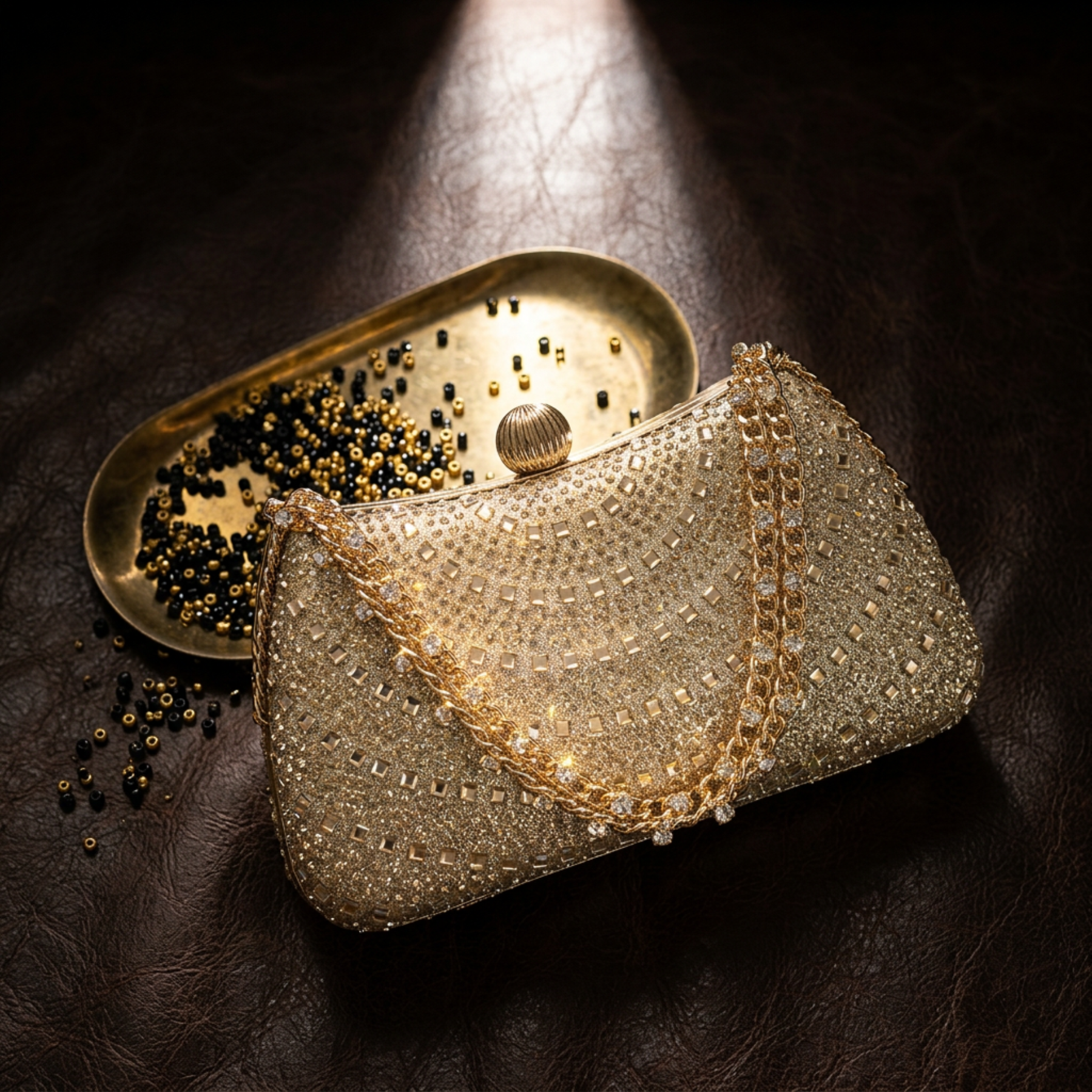 Gold rhinestone crystal clutch on black background