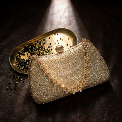 Gold rhinestone crystal clutch on black background