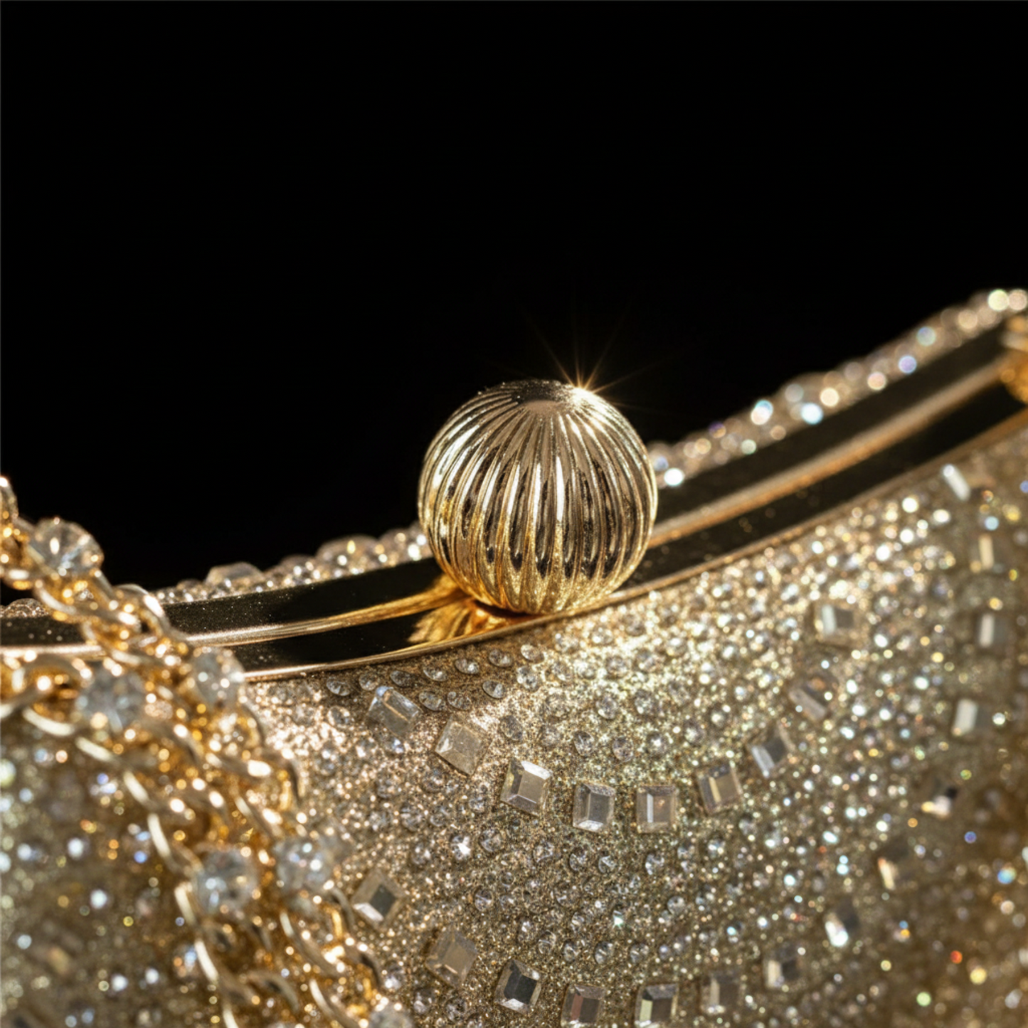 Close-up of gold rhinestone crystal clutch clasp detail