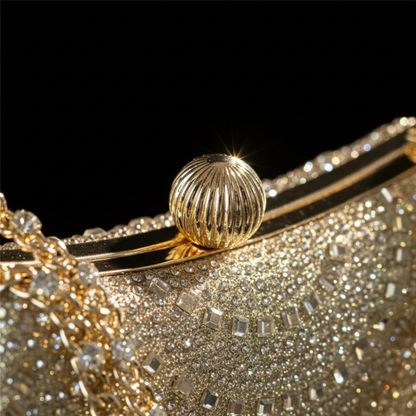 Close-up of gold rhinestone crystal clutch clasp detail
