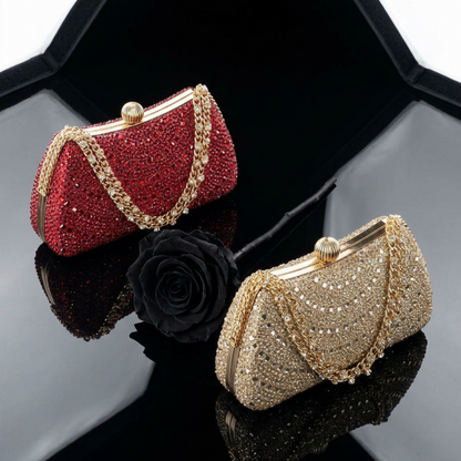 Red rhinestone crystal clutch on black background