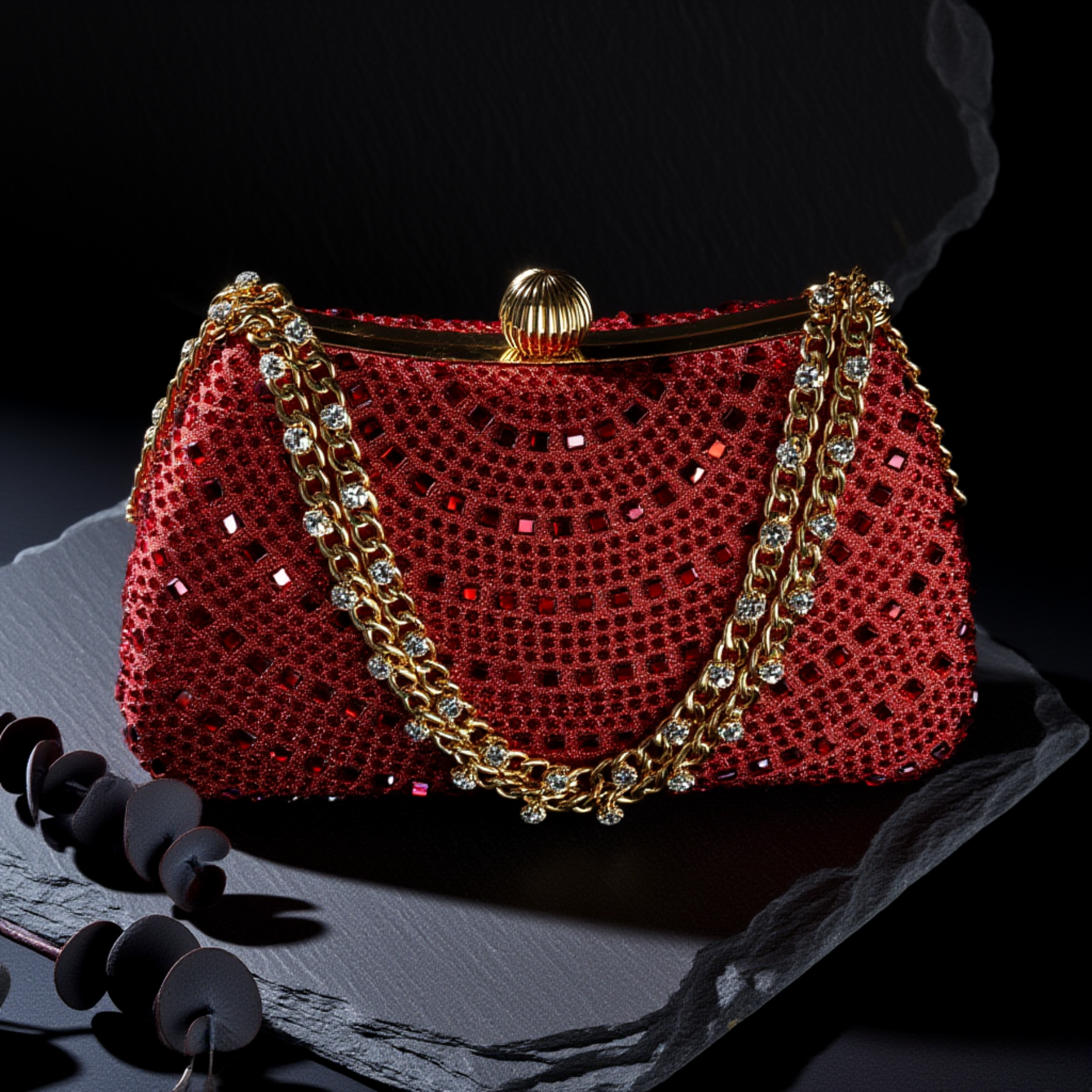 Red rhinestone crystal clutch front view on black background