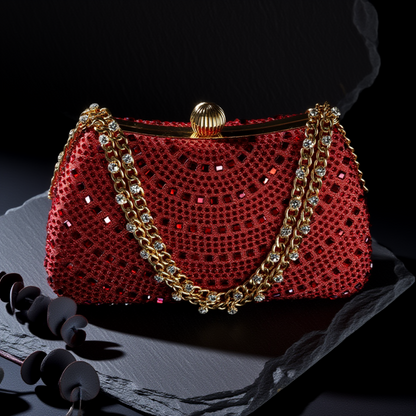 Red rhinestone crystal clutch front view on black background