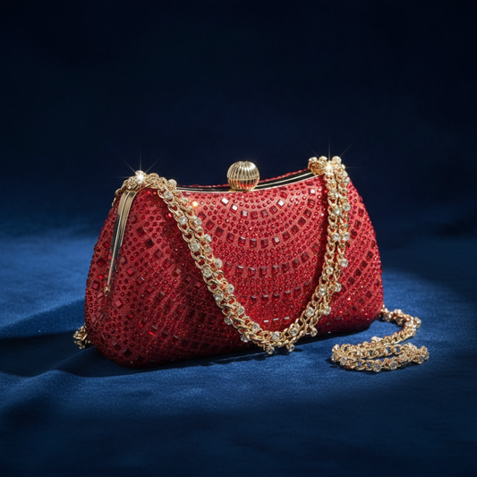 Red rhinestone crystal clutch on dark blue silk fabric