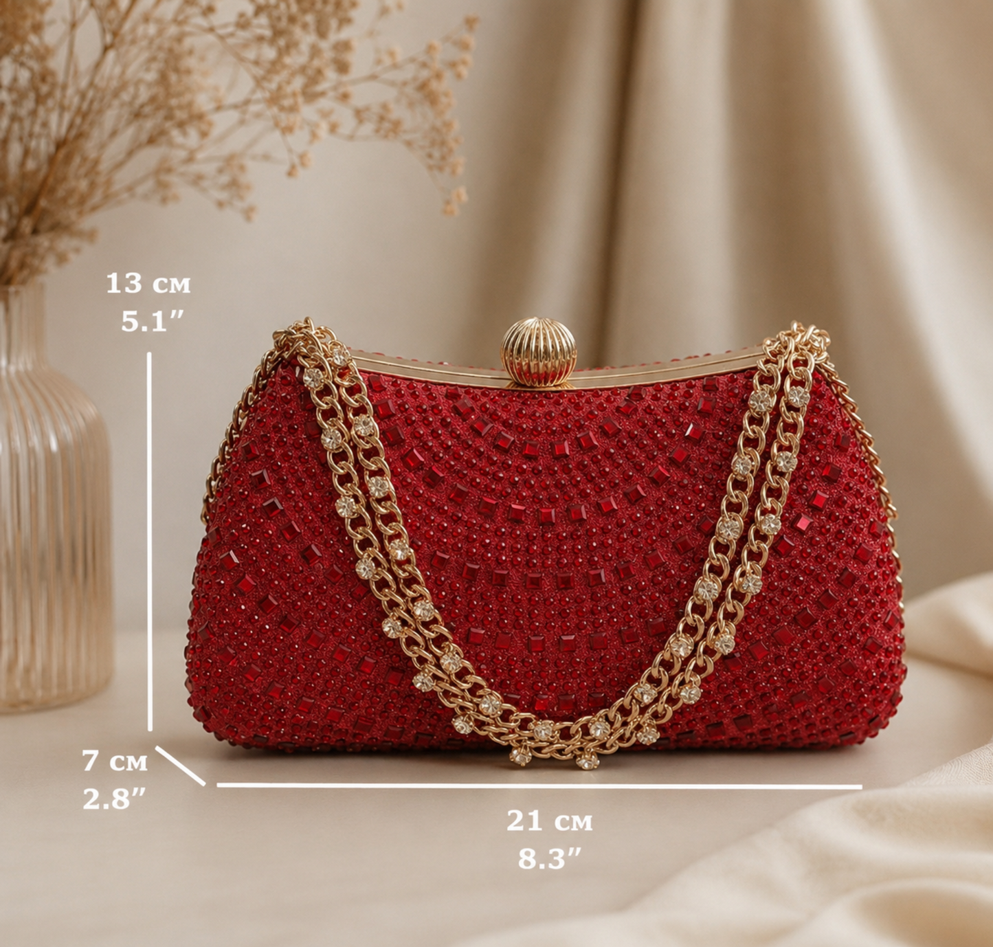 Red rhinestone crystal clutch on ivory silk with size label