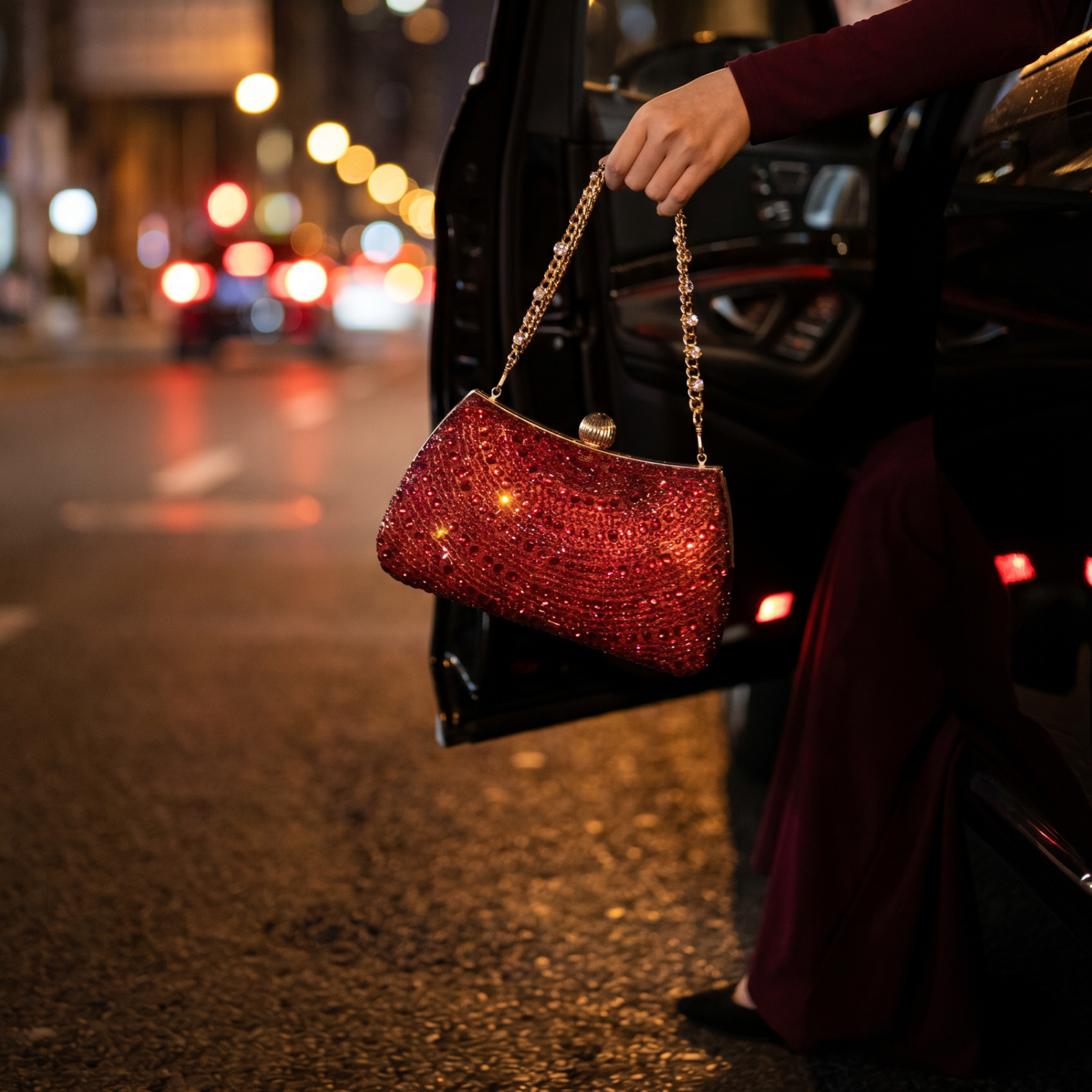 Woman carrying red rhinestone crystal clutch on night street