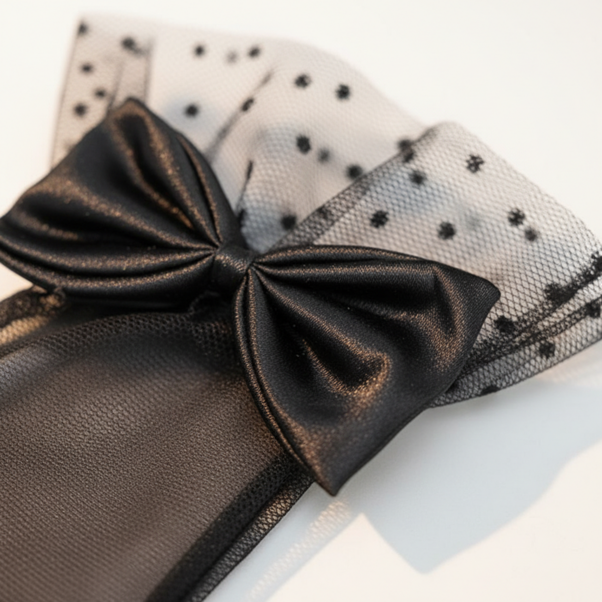 Black sheer mesh bow glove with polka dot lace cuff, flat lay