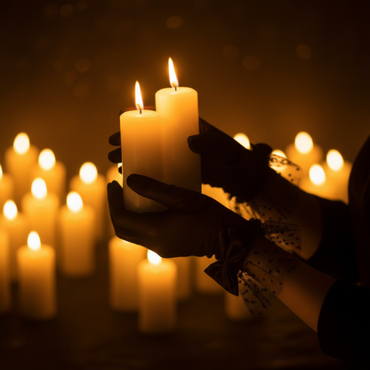 Black sheer mesh bow gloves held near lit candles