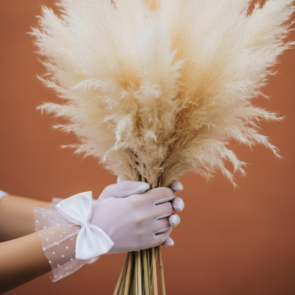 White sheer mesh bow glove holding a dried pampas grass bouquet